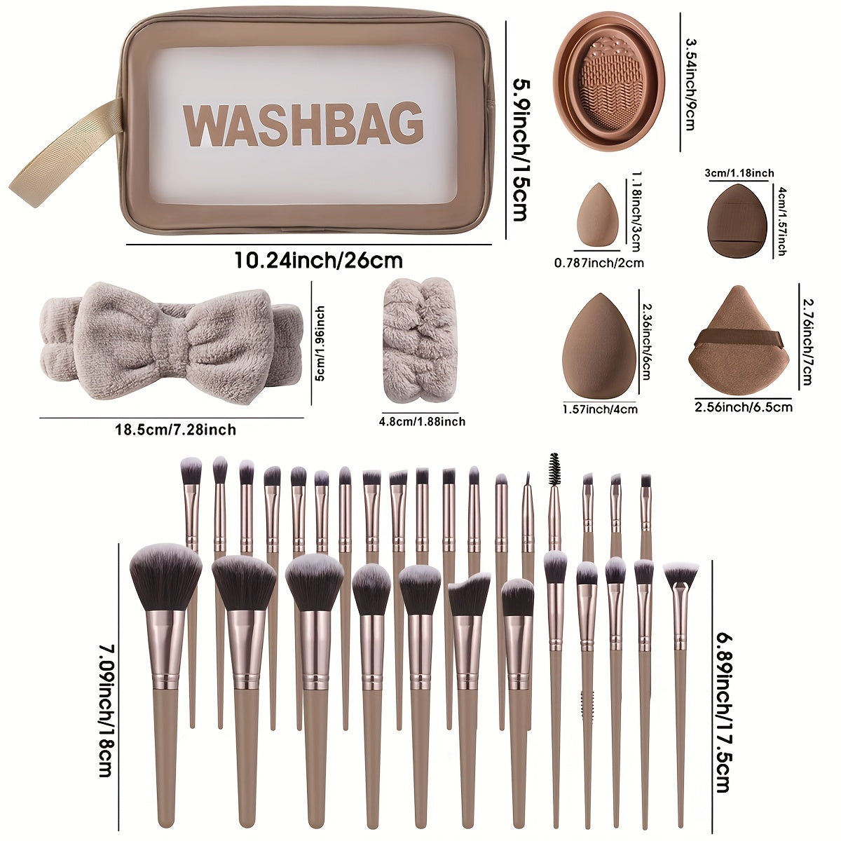55-Piece Complete Facial Makeup Tool Set – 30 Brushes, Sponges, Powder Puffs, Headband, Wristbands, Toiletry Bag & Cleaning Bowl – Alcohol-Free, Nylon Bristles, Ideal for All Skill Levels